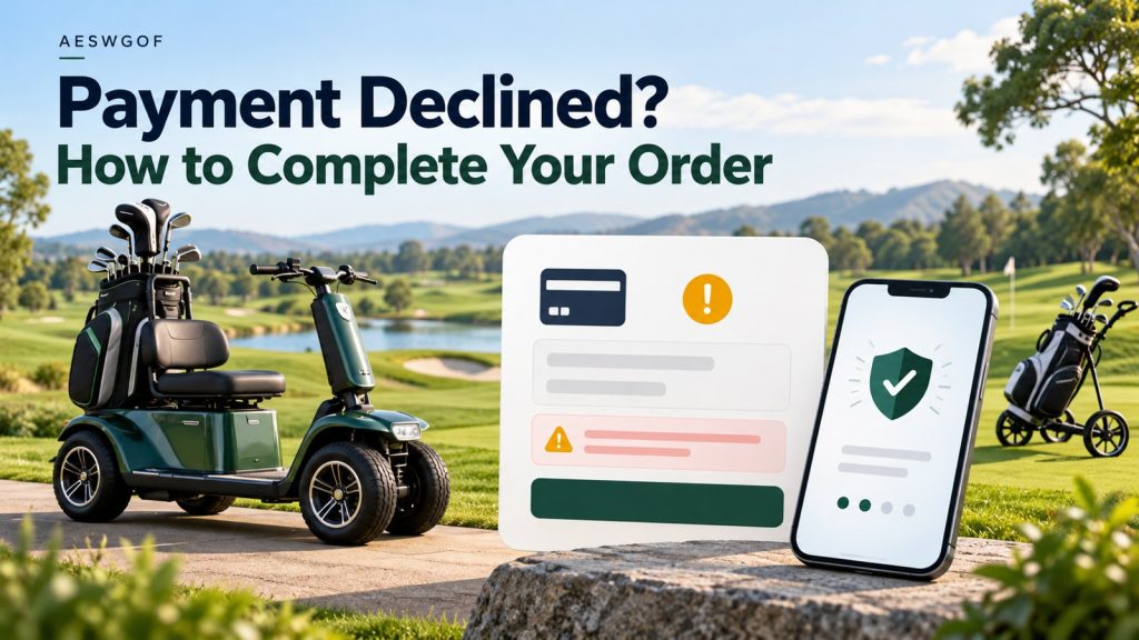 Golf scooter payment declined guide with checkout alert, bank verification phone and golf trolley illustration