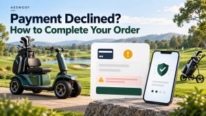 Golf scooter payment declined guide with checkout alert, bank verification phone and golf trolley illustration