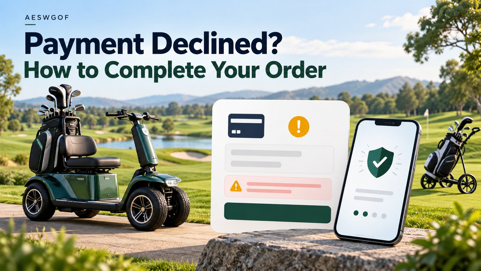 Golf scooter payment declined guide with checkout alert, bank verification phone and golf trolley illustration