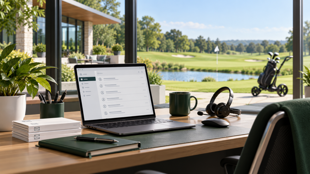 Illustration of a customer support desk overlooking a golf course